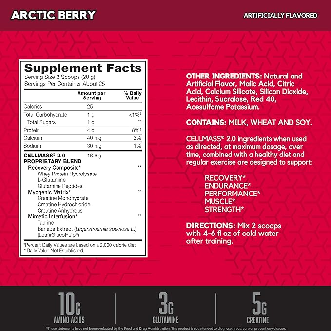 BSN CELLMASS 2.0 Post Workout Recovery with BCAA, Creatine, & Glutamine - Keto Friendly - Arctic Berry, (25 Servings) (1048058)