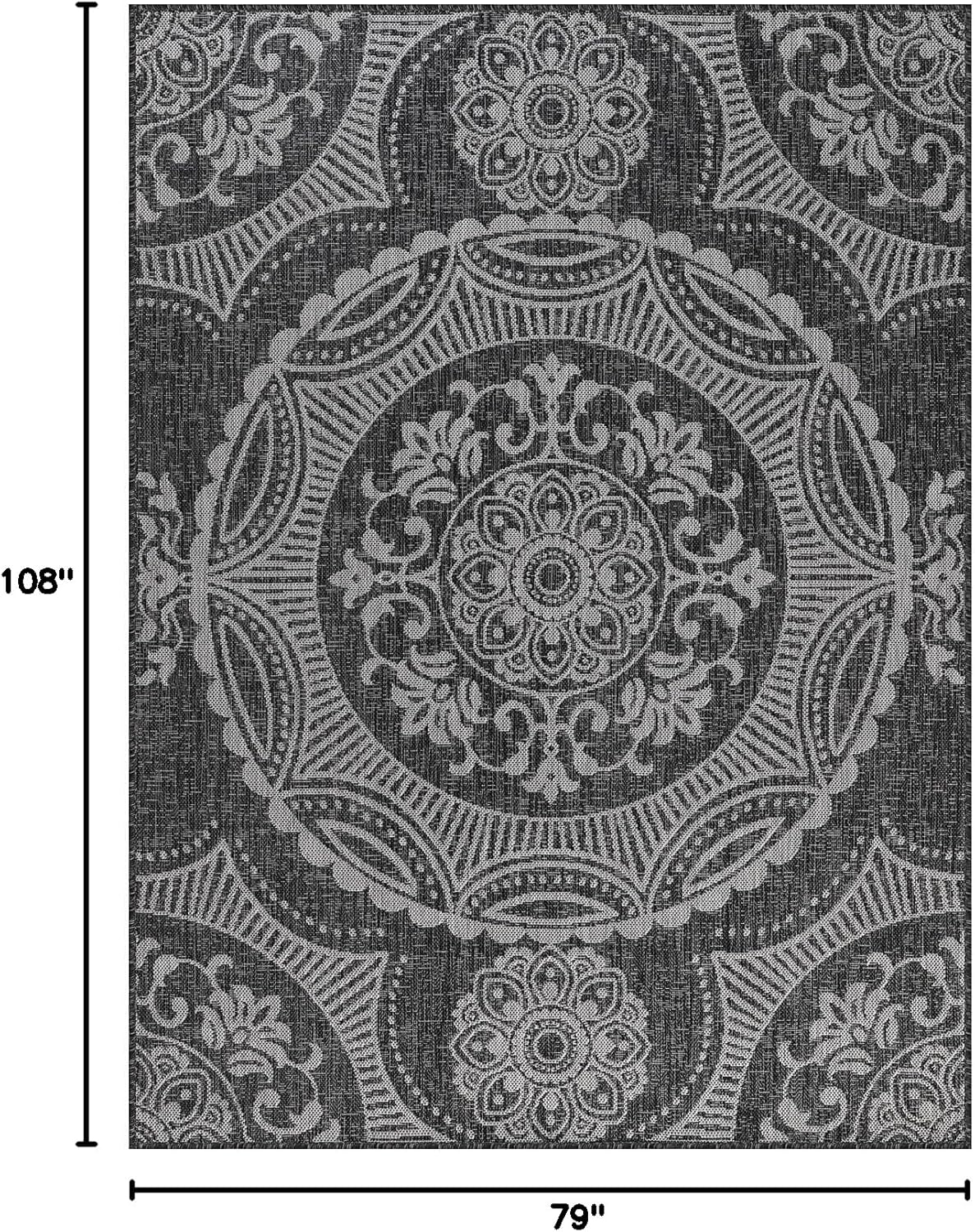 Medallion Outdoor Rug 6x9 Washable Outside Carpet for Indoor Patio Porch Waterproof Easy Cleaning Non Shedding Area Rugs Dark Gray 6 x 9