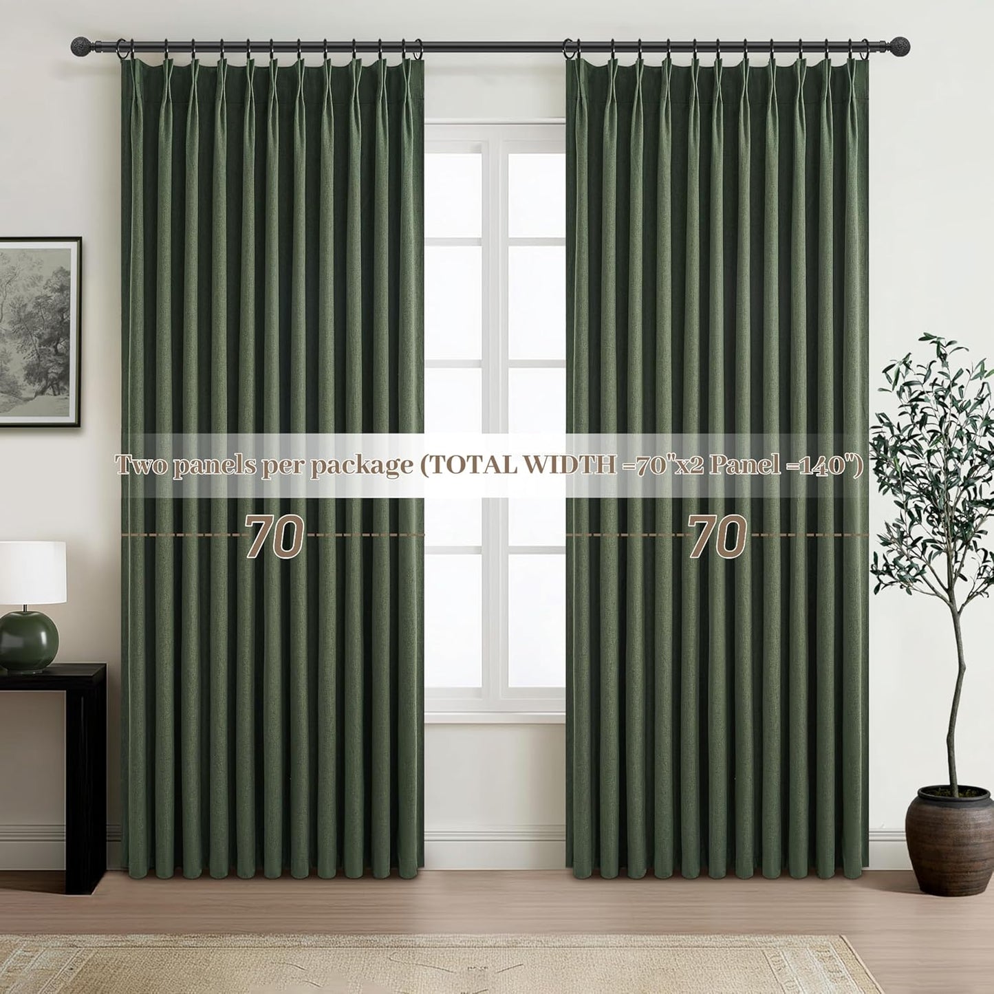 Curtains 70 Inch Length Extra Wide Pinch Pleated Blackout Curtain for Sliding Glass Door/Living Room, Farmhouse Olive Green Thick Heavy Duty Insulated Large Window Drapes (70"Wx90"Lx2Panels Loden)