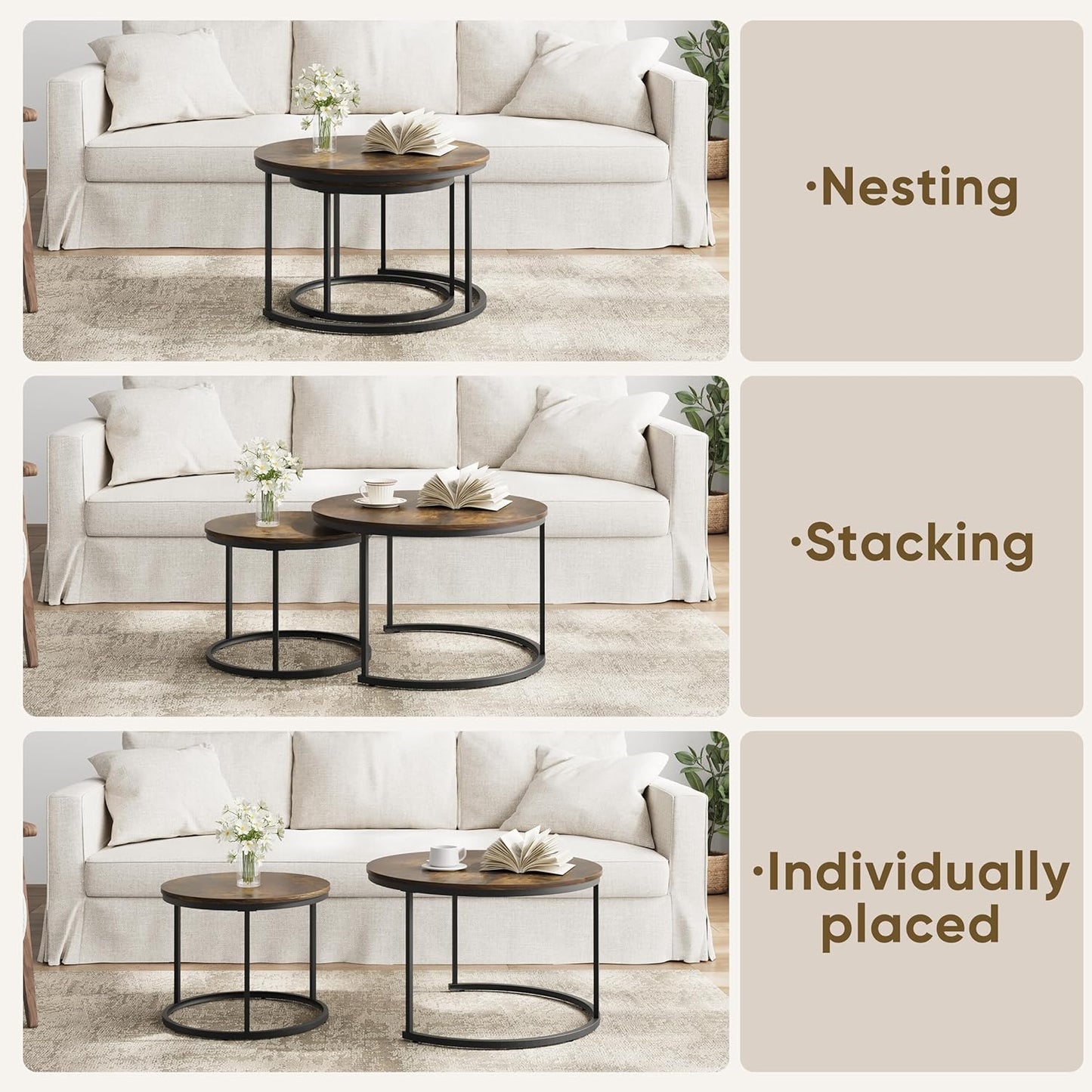 Smuxee Rustic Nesting Coffee Table Set of 2, 27.6" Round Coffee Table Wooden Marble Pattern with Adjustable Non-Slip Feet, Industrial End Table for Living Room Bedroom Balcony