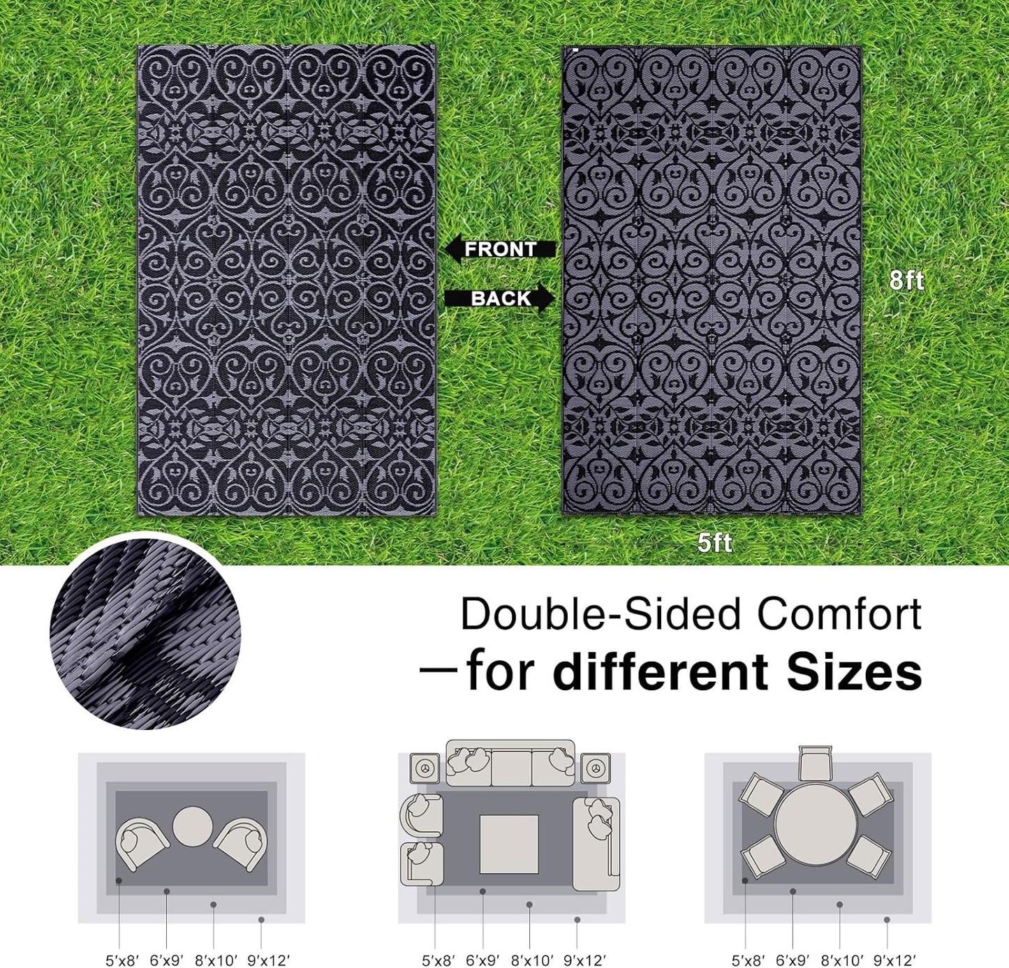 OLANLY Outdoor Rug Waterproof 5x8 ft Clearance, Reversible Outdoor Plastic Straw Rug with Floral Pattern, RV Mat for Patio, Camping, Balcony, Deck, Backyard, Black & Grey