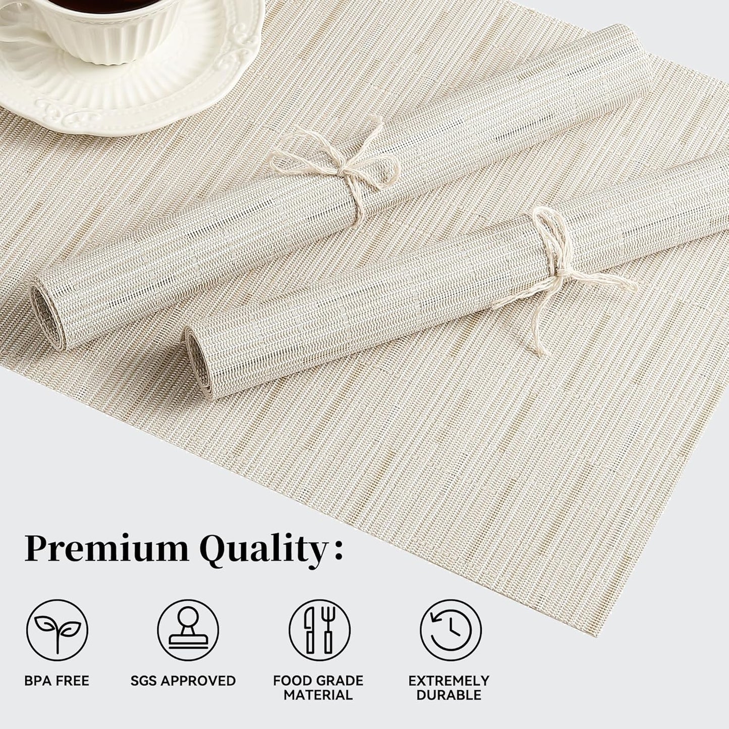 Leetaltree Pale Beige Placemats Set of 8 - Heat Resistant Non-Slip Place mats for Dining Table, Washable Durable PVC Vinyl Woven Table Mats(Pale Beige, 8)