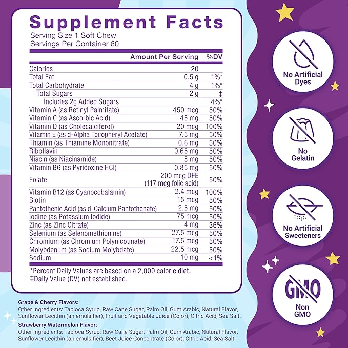 FORCE FACTOR Kids Multivitamin Super Chews, 18 Vitamins, 2-Month Supply, 60 Soft