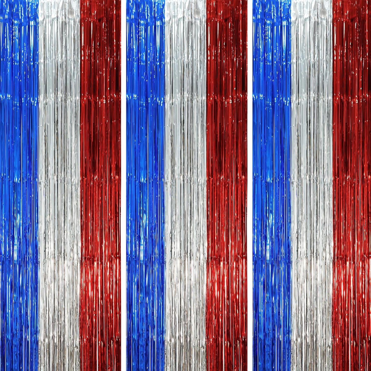 3 Pack 3.3 x 8.2 ft Blue Red Silver Foil Fringe Backdrop Curtains, Tinsel Streamers Party Decorations, Fringe Backdrop, Door Shimmer for Independence Day or Birthday Party