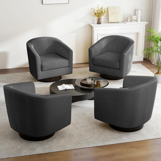 Swivel Barrel Accent Chair, Modern Round Corduroy Fabric Arm Chair for Living Room, Bedroom, Comfy Club Reading Chairs for Adults (Corduroy Grey, Set of 4)