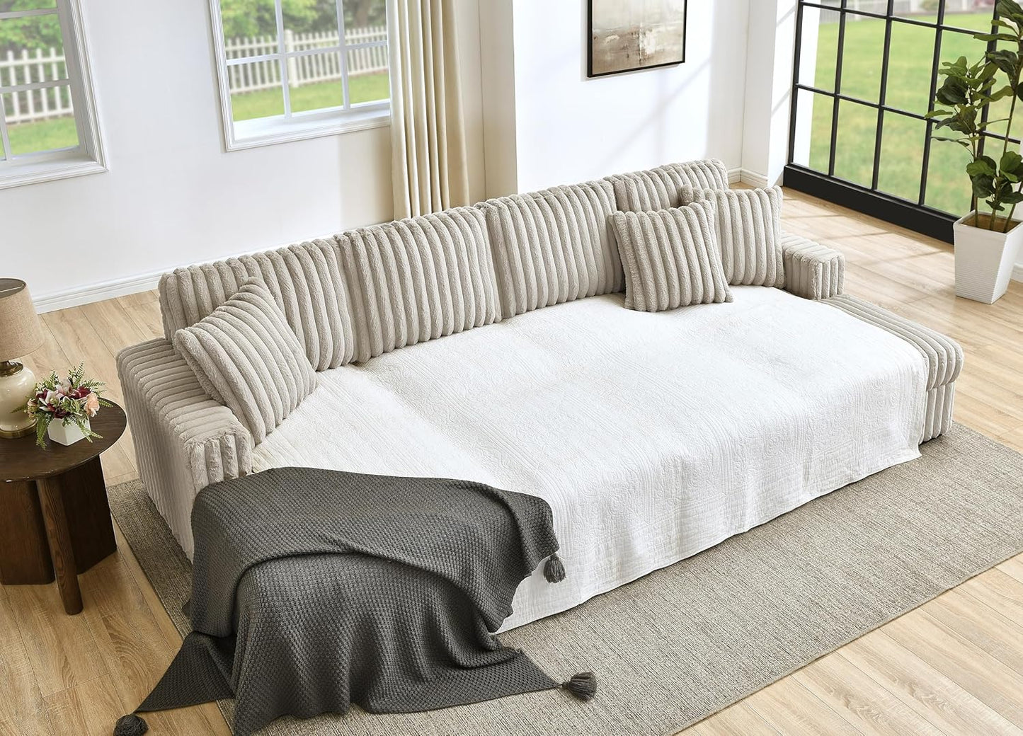 THSUPER Oversized U Shaped Plush Corduroy Fluffy Sectional Sleeper Sofa with Pull Out Bed and Double Storage Chaise for Living Room - Beige