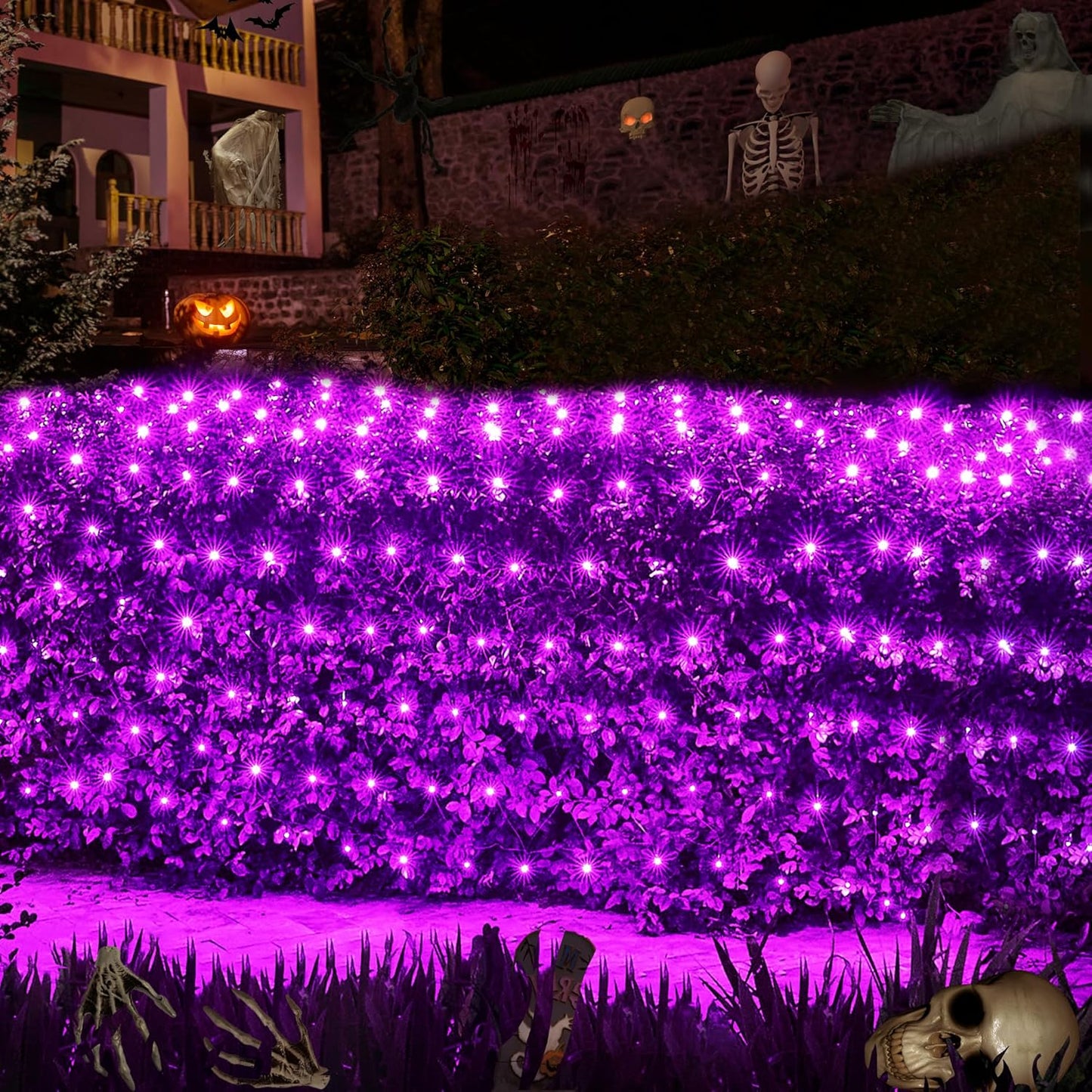 WBao Halloween Lights Outdoor 200LED F8 Big Bulbs, 8.4ft x 5.2ft Halloween Net Lights with 8 Modes, Timer, Connectable, Waterproof & Dark Green Wire for Lawn, Bushes, Trees Outdoor Decorations, Purple