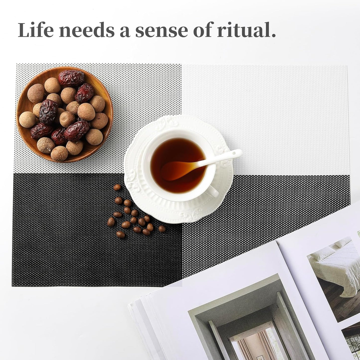 Leetaltree Gray with White Grid Pattern Placemats Set of 8 - Heat Resistant Non-Slip Place mats for Dining Table, Washable Durable PVC Vinyl Woven Table Mats(Grey Grid, 8)