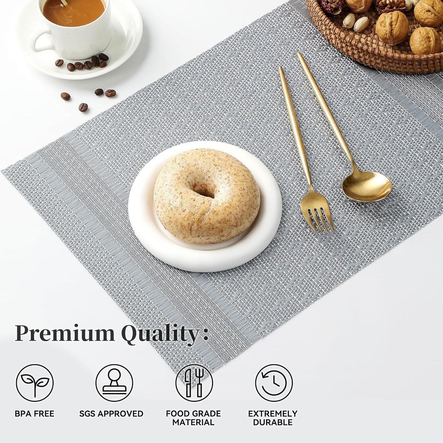 Leetaltree Lunar Grey Placemats Set of 4 - Heat Resistant Non-Slip Place mats for Dining Table, Washable Durable PVC Vinyl Woven Table Mats(Lunar Grey, 4)