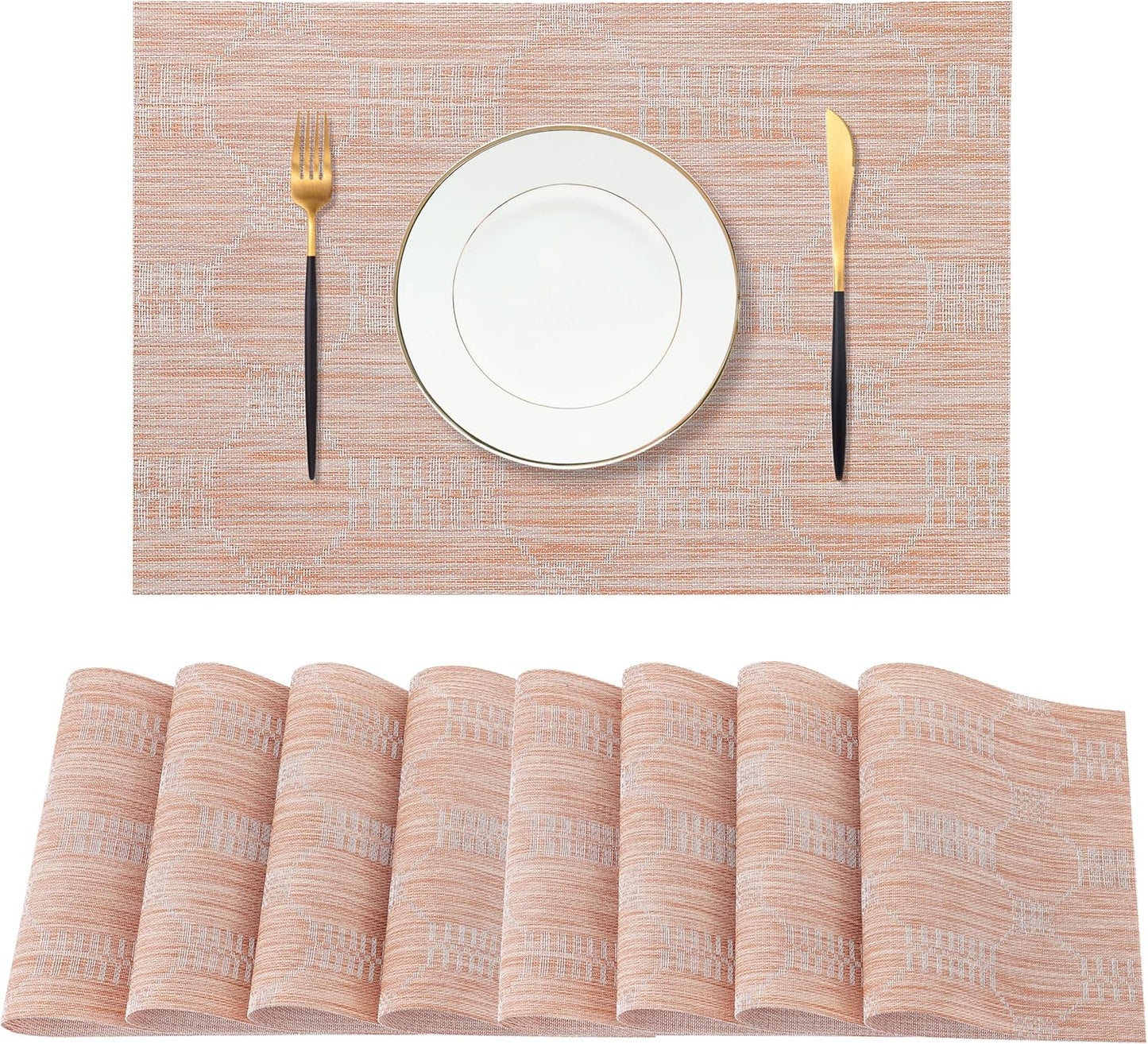 Leetaltree Coral Placemats Set of 8 - Heat Resistant Non-Slip Place mats for Dining Table, Washable Durable PVC Vinyl Woven Table Mats(Coral, 8)