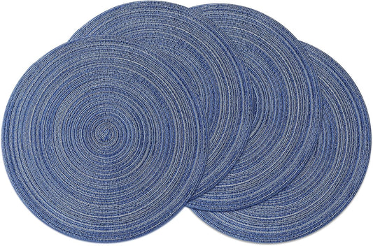 Leetaltree Round Placemats Heat and Slip Resistant Cotton Table Mats, Washable Bohemian Placemats for Dining Tables (Denim Blue, Set of 4)