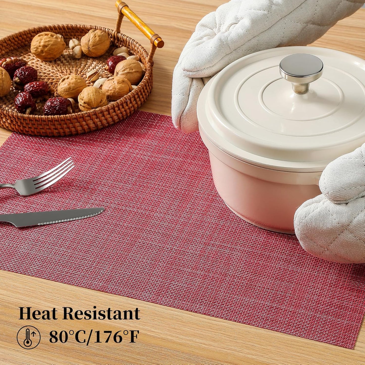 Leetaltree Red Placemats Set of 4 - Heat Resistant Non-Slip Place mats for Dining Table, Washable Durable PVC Vinyl Woven Table Mats(Red, 4)