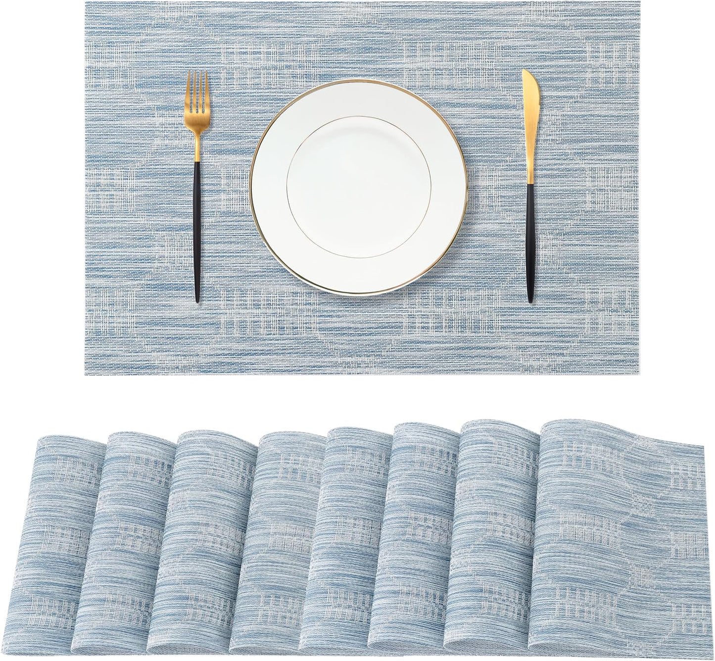 Leetaltree Jacquard Blue Placemats Set of 8 - Heat Resistant Non-Slip Place mats for Dining Table, Washable Durable PVC Vinyl Woven Table Mats(Jacquard Blue, 8)