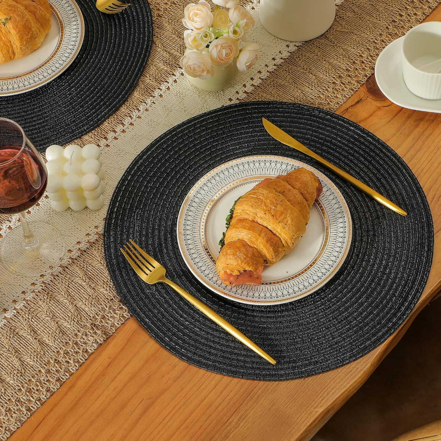 Leetaltree Round Placemats Heat and Slip Resistant Cotton Table Mats, Washable Bohemian Placemats for Dining Tables (Black, Set of 12)