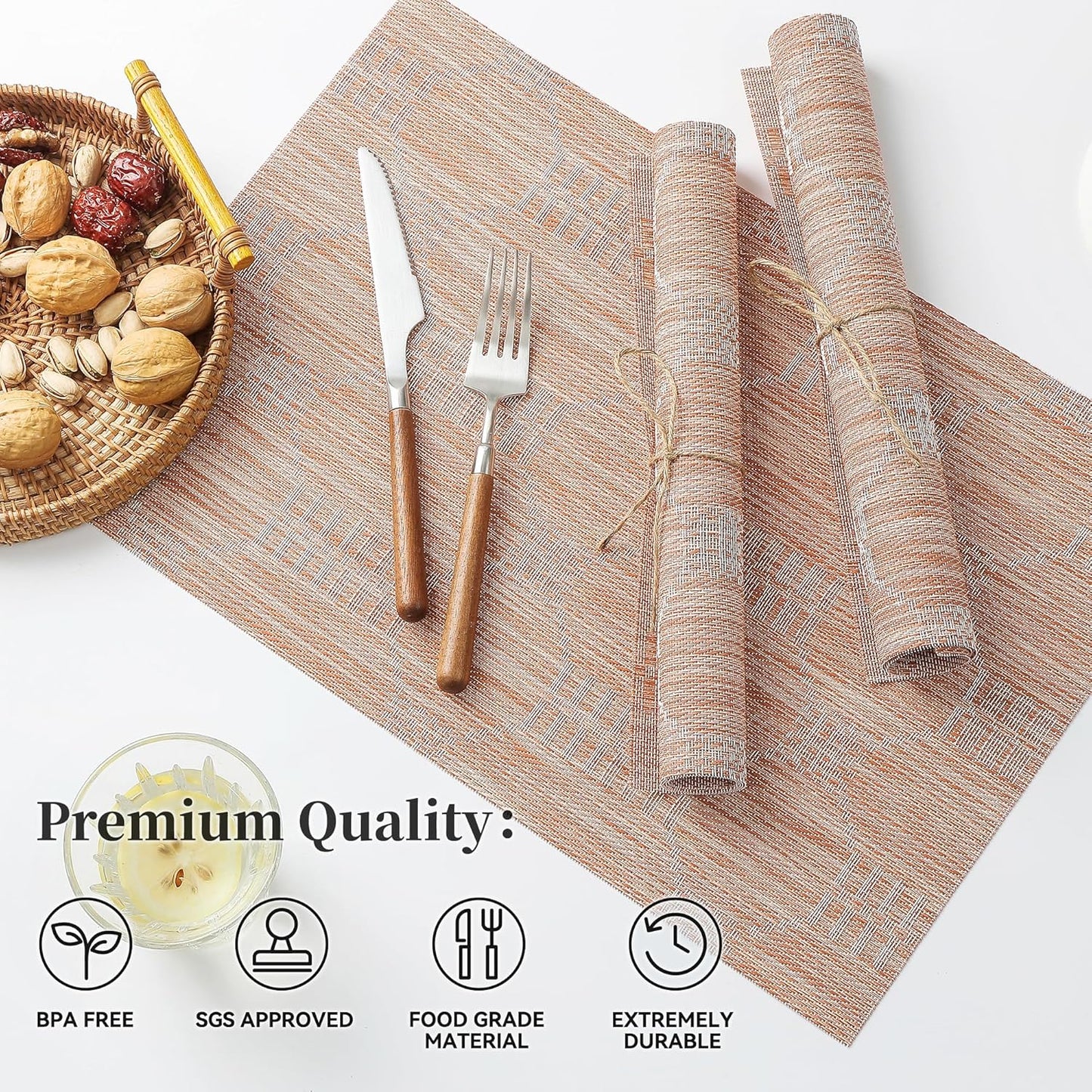 Leetaltree Coral Placemats Set of 8 - Heat Resistant Non-Slip Place mats for Dining Table, Washable Durable PVC Vinyl Woven Table Mats(Coral, 8)