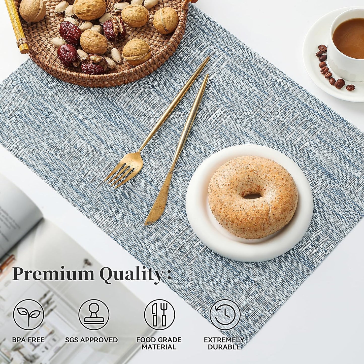 Leetaltree Jacquard Blue Placemats Set of 12 - Heat Resistant Non-Slip Place mats for Dining Table, Washable Durable PVC Vinyl Woven Table Mats(Jacquard Blue, 12)