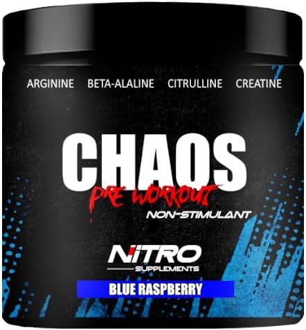 Nitro Supplements - Chaos - Non Stim Pre-Workout (30 Sevings) Beta-Alanine, L-Citrulline, Arginine, Creatine, Taurine Stim-Free Non-Stimulant (30 Servings, Blue Raspberry)