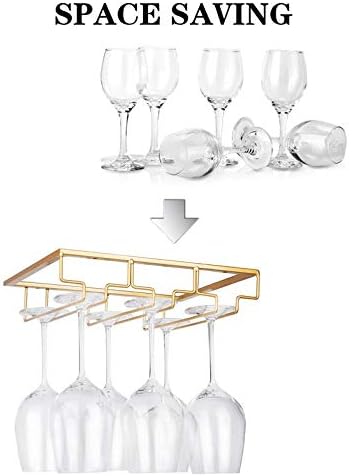 Wine Glass Rack - Under Cabinet Stemware Wine Glass Holder Glasses Storage Hanger Metal Organizer for Bar Kitchen Gold