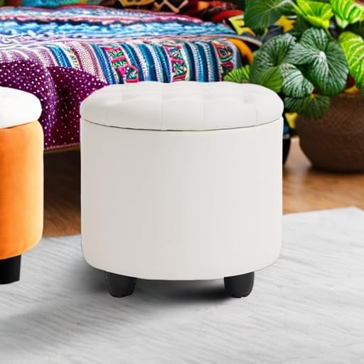 Furniliving Upholstered Button Tufted Round Ottoman, PU Storage Ottoman Round, Removable Lid Convenient Footstools, Classic Ottoman with Storage for Vanity, Nursery Room，IvoryWhite