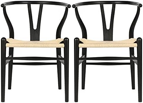 Wishbone Chair Natural Solid Wood Dining Chair/Hans Wegner Y Chair Rattan and Wood Accent Armrest Chairs Set of 2 (Ash Wood - Black + Natural Cord)