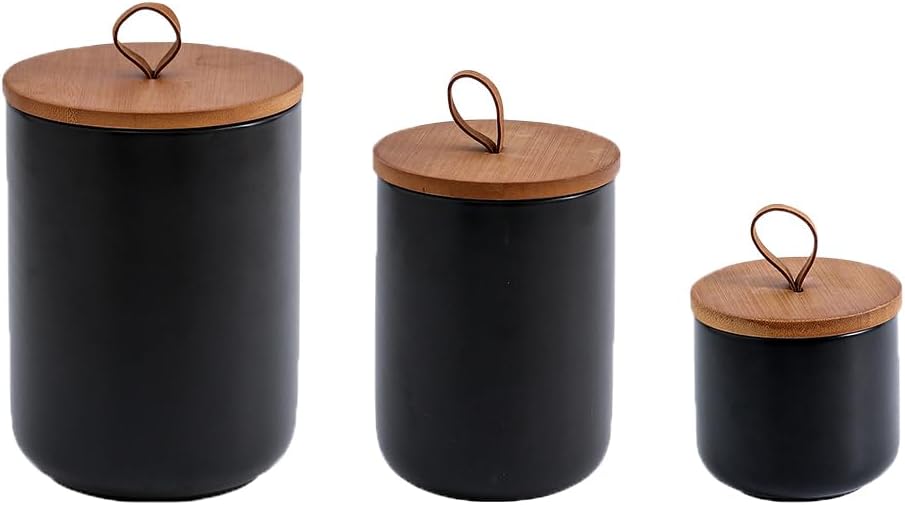 YYW Kitchen Canister Set for Countertop Set of 3, 9/28/45 oz Ceramic Food Storage Containers with Airtight Wood Lids, Food Saver Jars for Coffee, Tea, Candy, Flour(Three-piece suit in black)
