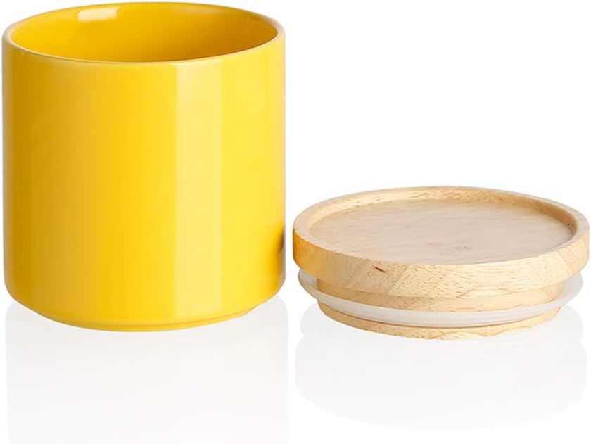 Sweejar Kitchen Canisters Ceramic Food Storage Jar, Stackable Containers with Airtight Seal Wooden Lid for Serving Ground Coffee, Tea, Sugar, Salt and More - 16 Fl Oz (Yellow)