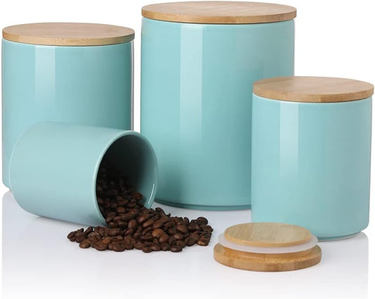 Sweejar Kitchen Canisters Ceramic Food Storage Jar Set, Stackable Containers with Airtight Seal Bamboo Lid for Serving Ground Coffee, Tea,Grains, Herbs,Sugar, Salt and More - Pack of 4（Turquoise）