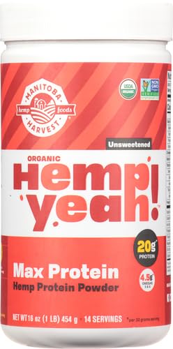 Manitoba Harvest Hemp Yeah! Organic Max Protein Powder, Unsweetened, 16oz; with 20g Protein and 4.5g Omegas 3&6 per Serving, Keto-Friendly, Preservative Free, Non-GMO, Packaging May Vary