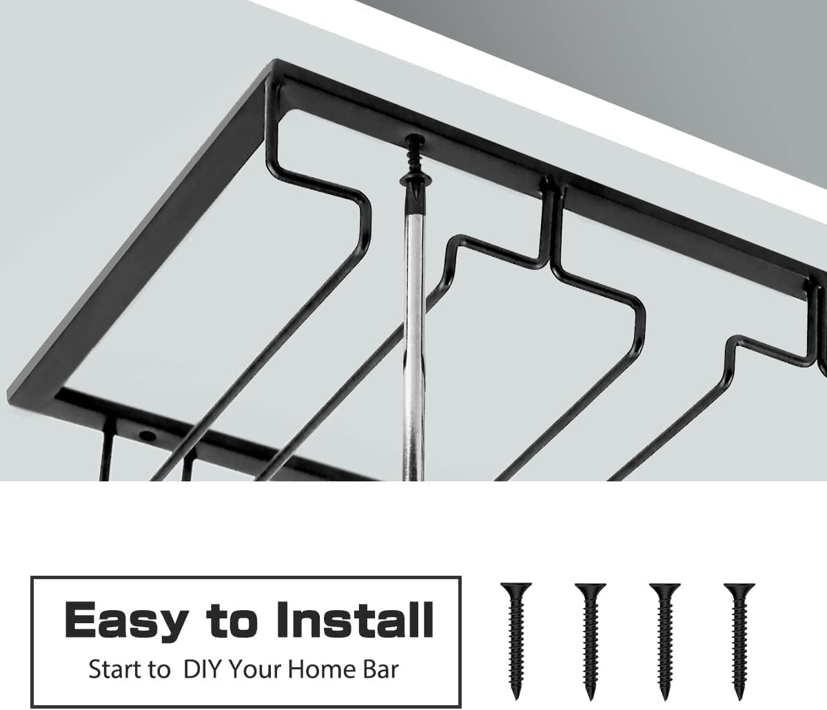 Xverycan Wine Glass Rack Under Cabinet, 8 Row Extreme Large Stemware Hanger, Metal Wine Goblet Holder, DIY Bar Glass Storage Rack for Bar Counter, Kitchen, Screws Included (Black)