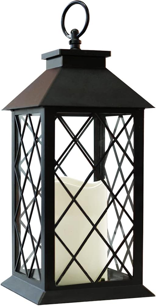 Bright Zeal 13.5" Black Vintage Candle Lantern with LED Pillar Candle and Timer - IP44 Waterproof Porch Light - Tabletop Lantern Decorative Outdoor