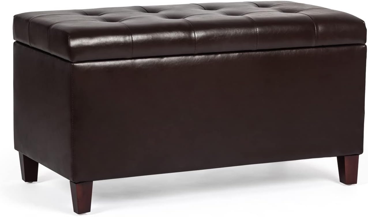 Asense Storage Ottoman Bench, Faux Leather Upholstered End of Bed Bench with Safety Hinge Wooden Legs, for Entryway Bedroom (Chocolate Brown, 33.3")