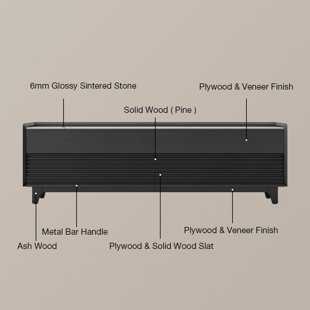 POVISON Fully-Assembled Mid Century Glossy Sintered Stone Tabletop TV Stand with Legs, Wood Media Console with Adjustable LED Light for 75-inch TVs, Entertainment Center with Storage for Living Room