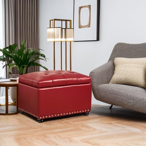 24'' Leather Storage Ottoman Rectangular Foot Rest Stool with Nailhead Trim for Bedroom Living Room(Red)