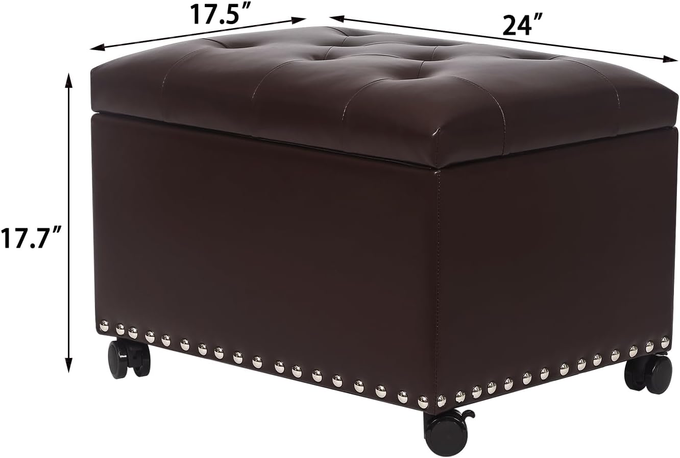 Joveco Leather Storage Ottoman with 360° Wheels 24" Rolling Foot Rest Bench Rectangle Ottomans Stool for Living Room Bedroom (Brown, Wheels)