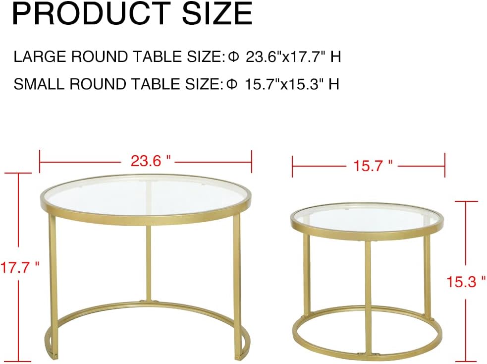 Round Nesting Coffee Table Gold Set of 2 for Living Room, Modern Side Tables with Sturdy Metal Frame and Tempered Glass.Minimalist End Table,Cocktail Table for Dining Room,Home Decor