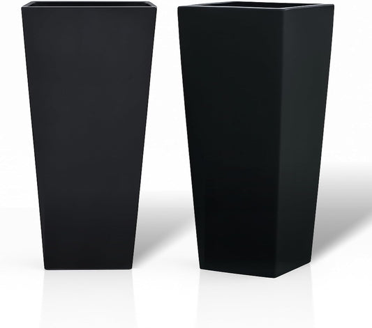 GreenShip 27" Tall Planters, Set of 2 – Black Outdoor Planter for Front Porch & Tall Plants, Weather-Resistant, with Drainage Hole & Rubber Plug (No Plants Included) (Black-2pcs)