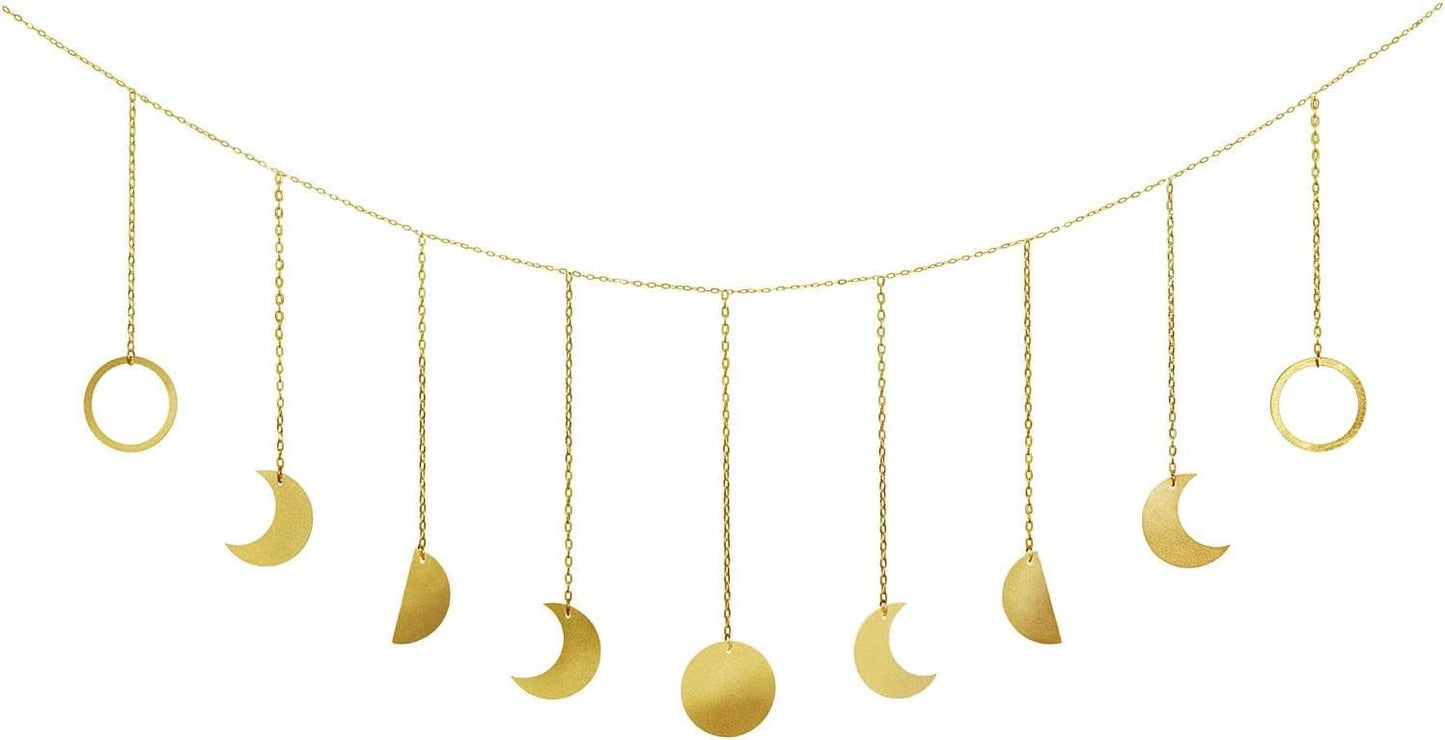 Mkono Moon Phase Wall Hanging Boho Aesthetic Room Decor Metal Moons Garland Hanging Art Bohemian Home Decoration for Girls Room Nursery Bedroom Livingroom Dorm, Ideal, Gold, 50"