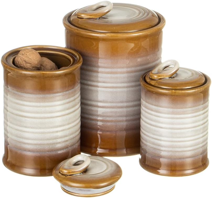 Nihow Ceramic Food Storage Jar Sets: Container with Air Tight Ceramic Lid for Flour/Sugar/Rice/Coffee/Cookies/Candy - Seal Damp-proof Canister for The Kitchen - Set of 3 （Brown）