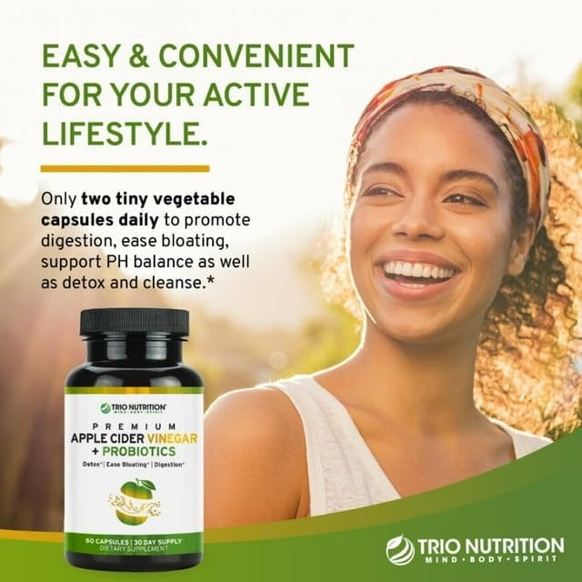 TRIO NUTRITION Apple Cider Vinegar Capsules with Billions of Multi-Strain Probiotics & L-Carnitine - Sugar Free ACV Capsules with The Mother for Gut Health, Immunity, Body Cleanse & Healthy pH*