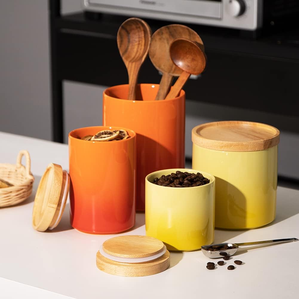 Sweejar Ceramic Food Storage Jar, Stackable Kitchen Canisters, Containers with Airtight Seal Wooden Lid for Serving Ground Coffee, Tea, Sugar, Salt and More - 16 Fl Oz (Gradient Orange)