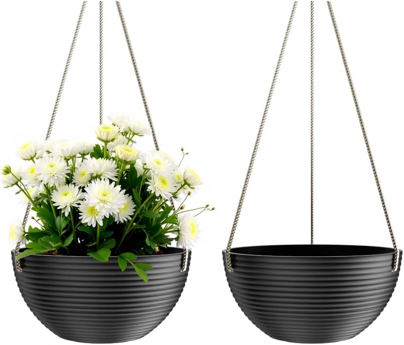 Line Pattern 10 Inch Hanging Planter for Indoor Outdoor Plants, 2 Pack Round Hanging Pots for Plants (Black)