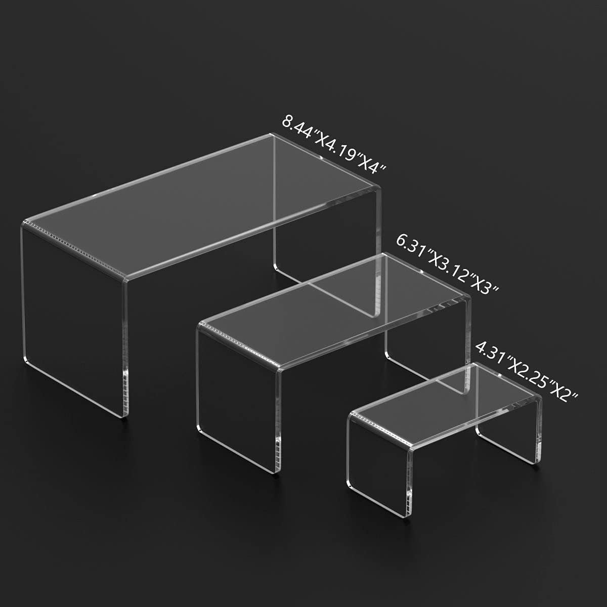 HIIMIEI Acrylic Risers for Display Clear 3-Tier Risers Stands Showcase for Amiibo Funko Pop Figures, Dessert, Jewelry-8.4"x 6.3"x 4.3" (2 Sets)
