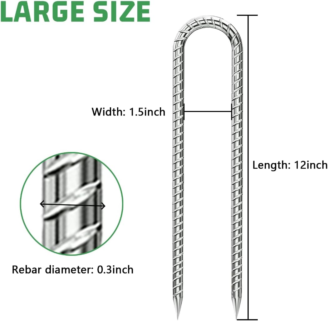U-Hook-Rebar-Stakes-12 Inch, Ground Stakes Heavy Duty Rebar Stakes for Camping 8pcs Rebar Stakes Rust Proof Coated Metal for Flower Gardens Dog Fence Camping Tents Chicken Coop