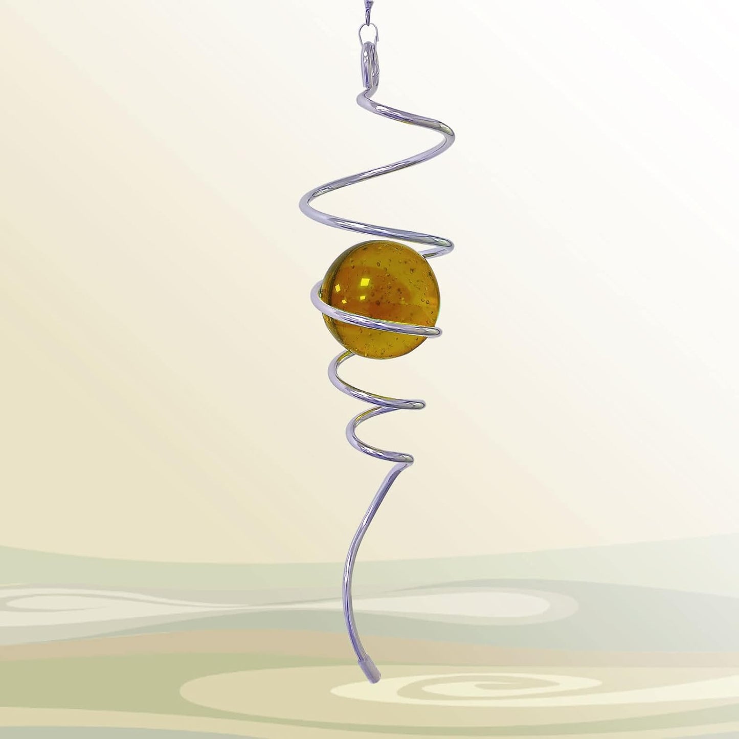 Gazing Ball Spiral Decorative Tail Wind Spinner Sun Catcher 11inch Tail and 2 inch Glass Orb. Wind Spinner Stabilizer Indoor Outdoor Garden Decoration -13 inch Height(Gold)