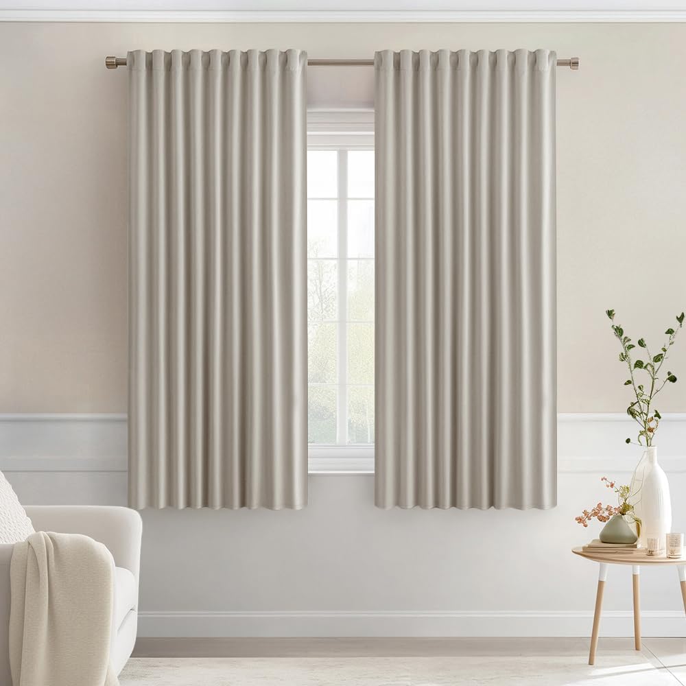 MIULEE Natural Back Tab Blackout Curtains 63 Inch Length 2 Panels Set for Living Room Bedroom Privacy, Rod Pocket/Pinch Pleat Thermal Insulated Room Darkening Pleated Light Blocking Drapes