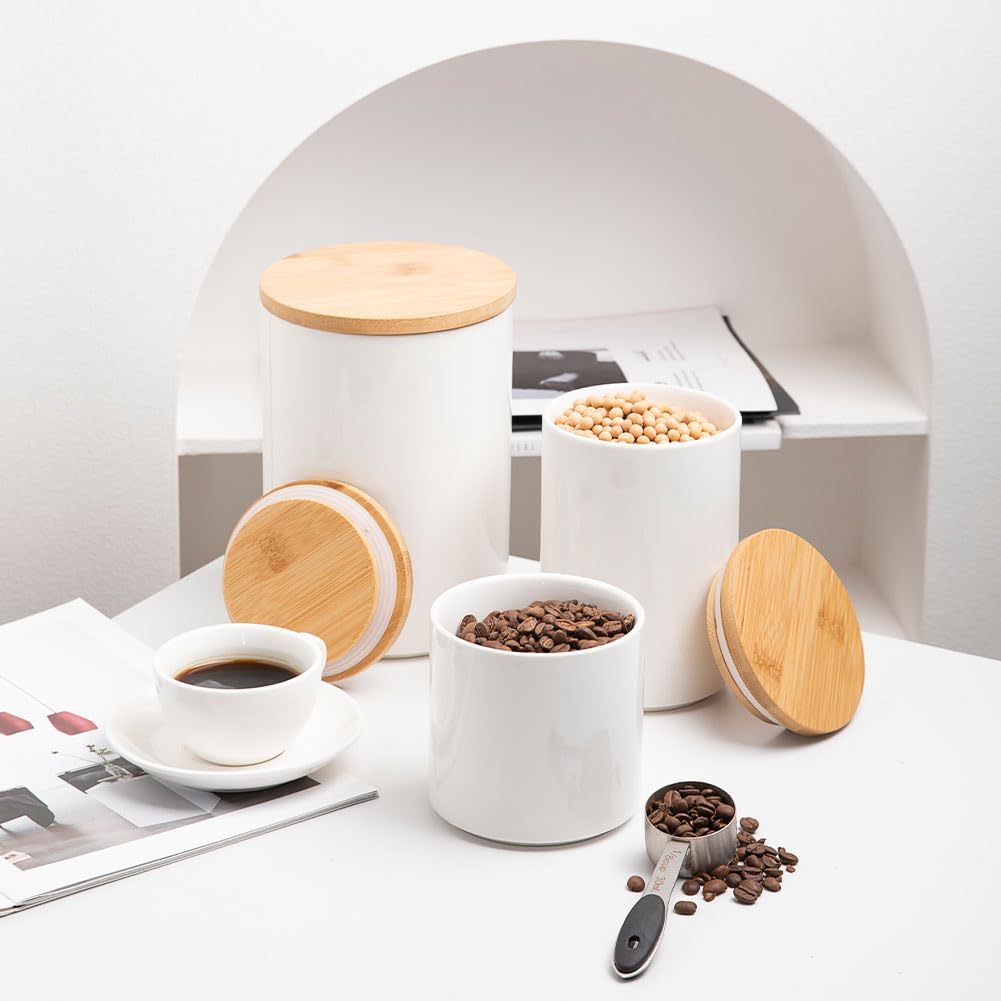 Sweejar Kitchen Ceramic Food Storage Containers Set, Stackable Canisters for Countertop with Airtight Boomboo Lids for Serving Ground Coffee, Tea, Sugar, Salt and More- Set of 2 (White)