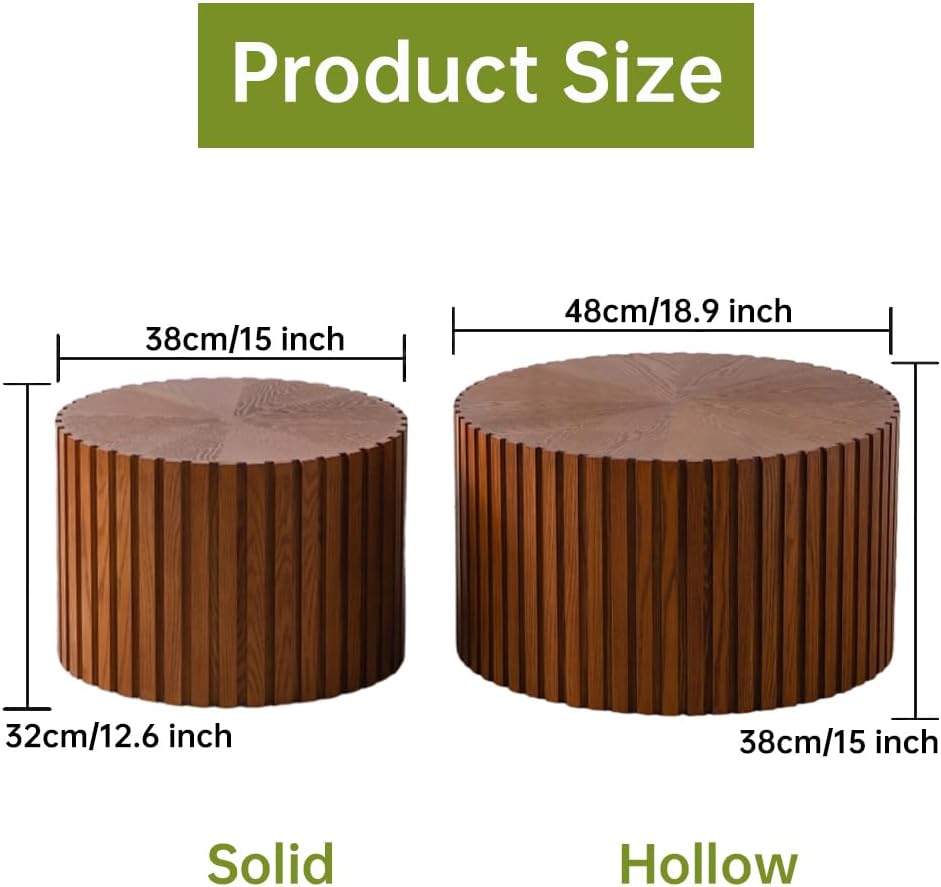 Round Nesting Coffee Table Modern Fluted Coffee Table Set of 2 Stripe Round Coffee Tables Circle Drum Coffee Tables for Living Room (Walnut Small)