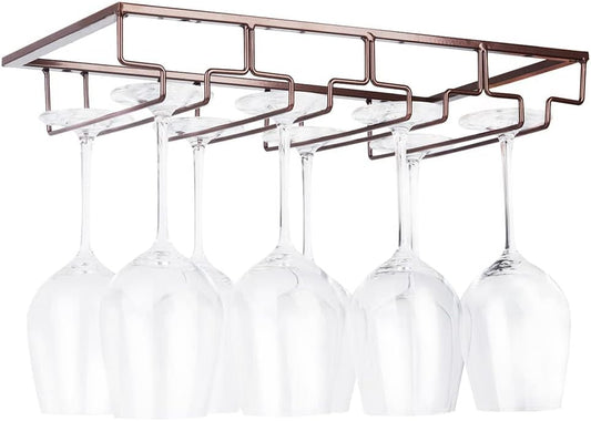Wine Glass Rack Under Cabinet - Stemware Holder Metal Wine Glass Organizer Glasses Storage Hanger for Bar Kitchen Brown 4 Rows