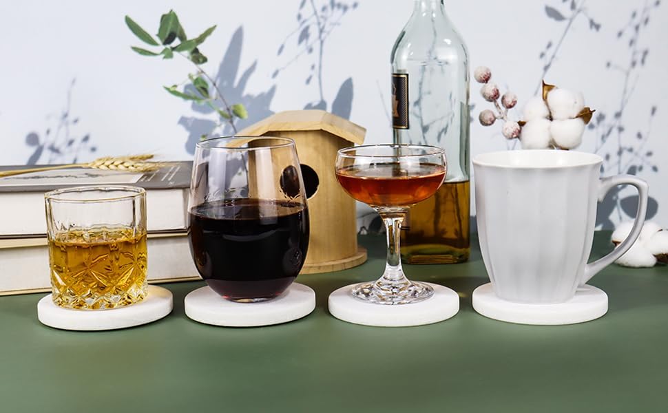 White Marble Coasters with Bling Particles, Set of 4 - Natural Marble Stone Drink Coaster with Protective Silicone Feet, 4 inch Diameter, 0.4 inch Thick - Heat-Resistant Coasters for Coffee Table