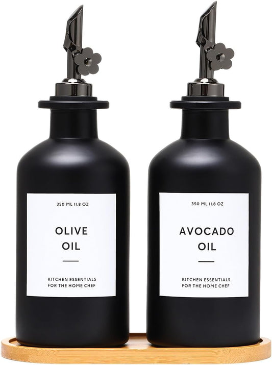 HOMCDALY Olive Oil Dispenser for Kitchen, 11.8oz Glass Kitchen Dispenser Bottle, Black Oil&Vinegar Cruet Set, Leakproof Olive Oil Bottles | Set of 2 (11.8oz – Black)